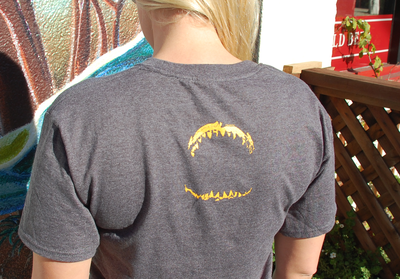 great white shark jaws in yellow on back of grey, soft cotton t-shirt